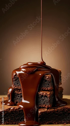 A stack of decadent chocolate brownies is drenched in a luscious chocolate sauce.