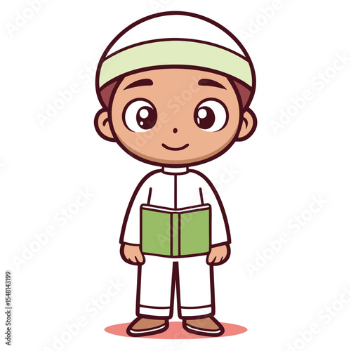 Cute young boy in traditional Islamic clothing, holding a book