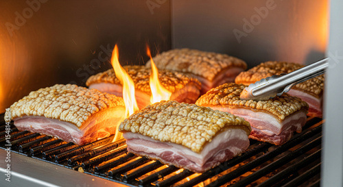 A crispy roasted pork grilling on a metal grill with hot charcoal