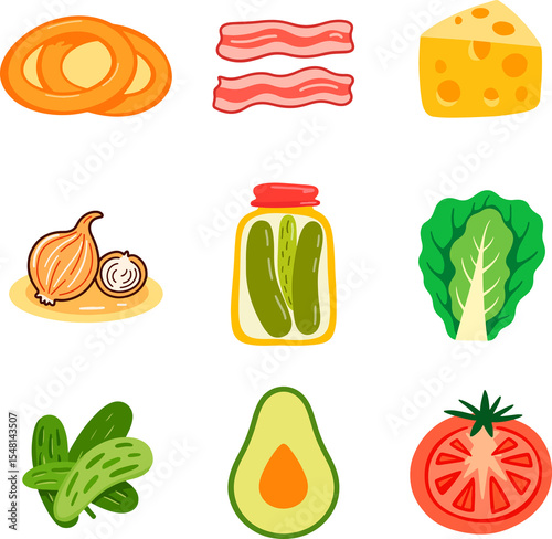 Colorful ingredients for burger preparation including vegetables and cheese concept of National Burger Day 