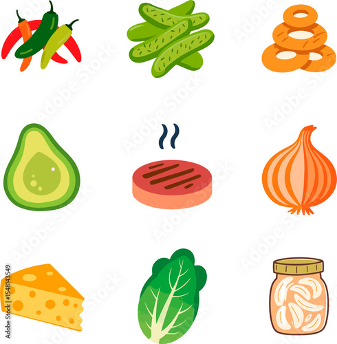 Colorful ingredients for burgers and sandwiches, concept of National Burger Day  