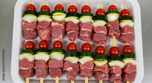 A raw beef skewers with tomato and cucumber arranged on a tray