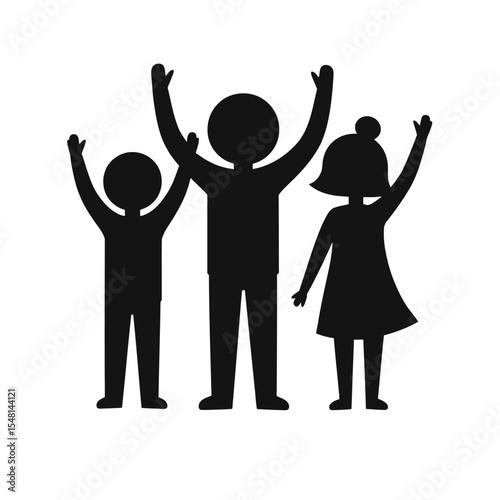 Happy Family Silhouette with Raised Hands and Hearts