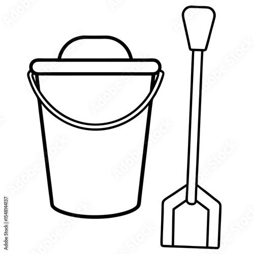  Bucket and spade vector in black and white line style, perfect for kids' vacation projects and digital design kits.
