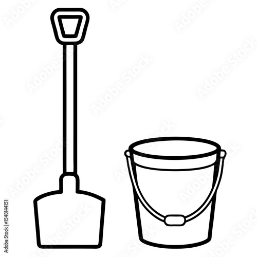 Vector bucket and spade drawing in clean line art, ideal for vacation activities, children’s apps, and travel graphics.