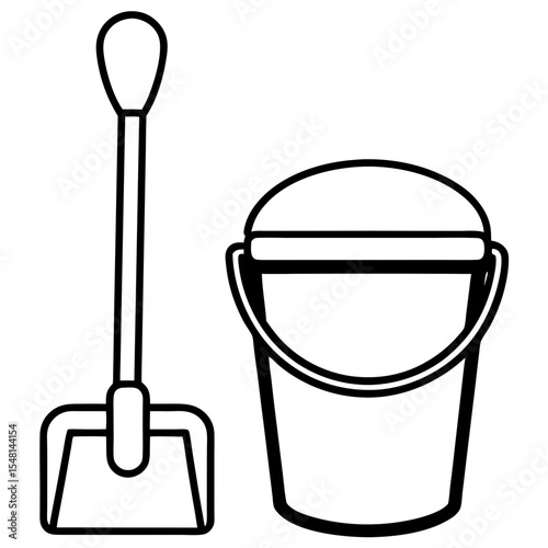 Beach bucket and spade black-and-white outline, great for digital downloads, summer-themed clipart, and activity book pages.