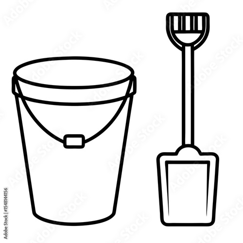 Simple bucket and spade beach toys outlined in vector, great for use in minimal summer layouts or line-based web assets.

