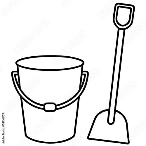 Outline icon of summer bucket and spade in vector style, ideal for warm season content, outdoor fun ads, and DIY craft templates.