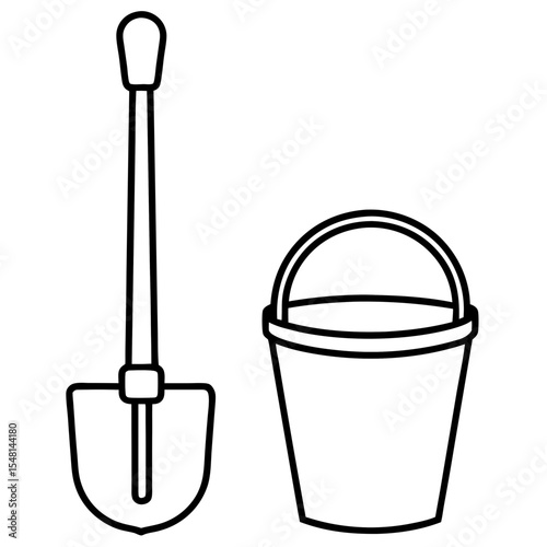 Minimal beach bucket and spade line art vector for fun and simple seasonal branding, poster designs, and eBook illustrations.