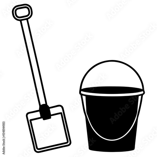 Flat design bucket and spade line drawing for seaside elements, perfect for stickers, icons, and youth education visuals.