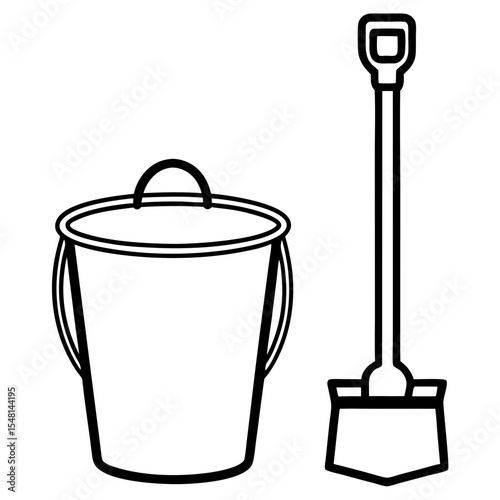 Clean line art of a bucket and spade for use in summer activity sheets, classroom materials, and beach-themed logos.