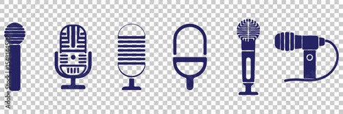 Microphone Icon Set – Vector Collection of Studio, Podcast, Dynamic, and Recording Microphones in Solid Silhouette Style. Voice vector symbols, EPS-10