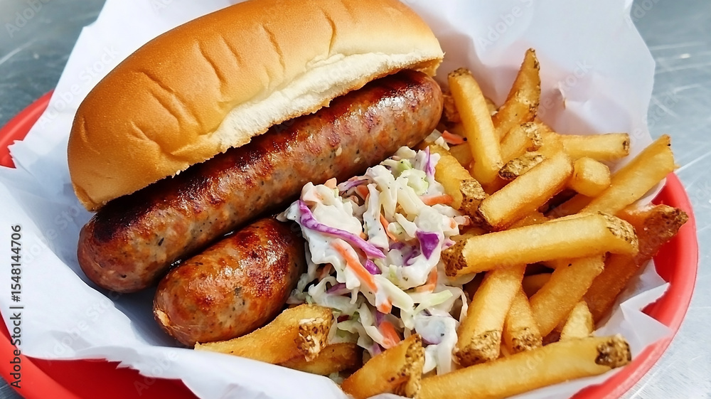 Delicious Sausage Sandwich with Fries and Coleslaw: A Perfect Meal Delicious Sausage Sandwich with Fries and Coleslaw: A Perfect Meal