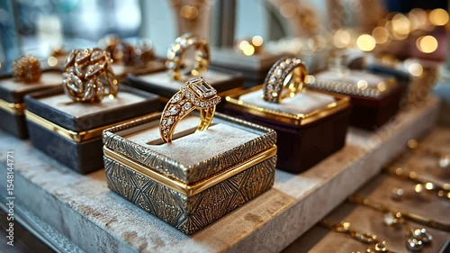Elegant Jewelry Display with Sparkling Rings and Boxes
