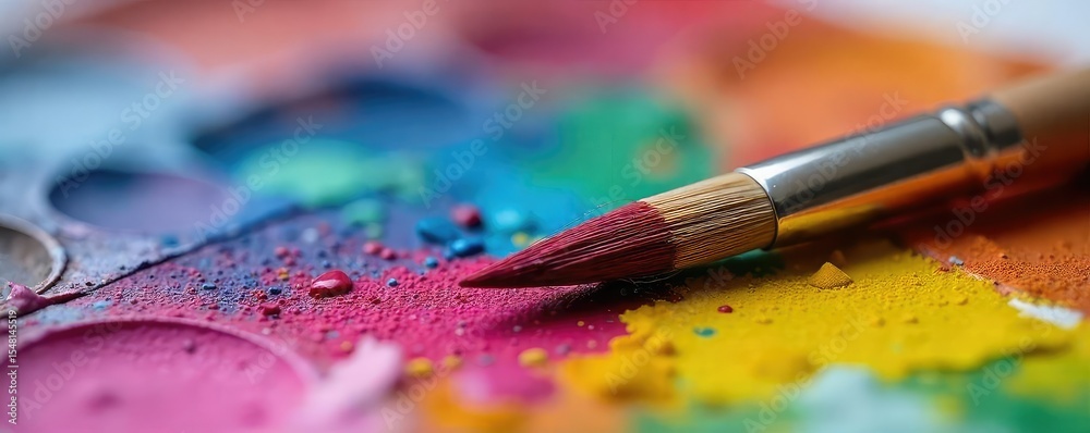 Obraz premium A close-up shot of a paintbrush resting on a vibrant, colorful palette, ready for artistic creation The bristles are slightly splayed, suggesting recent use , craft, hobby