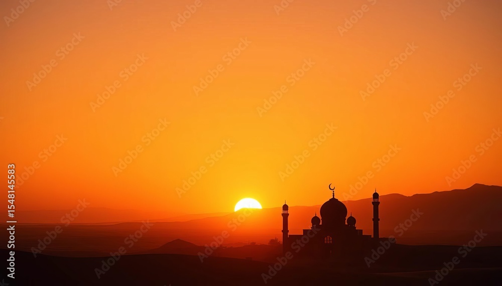 Naklejka premium Silhouetted mosque at sunset over vast desert landscape, Ramadan Kareem, islamic, festival