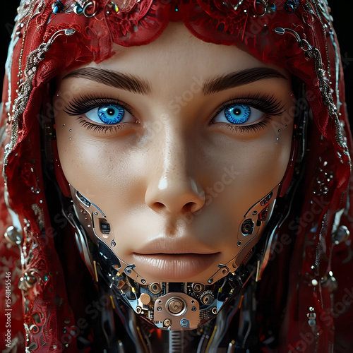 Primo piano di un'androide femminile con il viso in parte organico e in parte meccanico ed elettronico, Close-up of a female android with a face that is partly organic and partly mechanical
