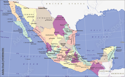 Vector central america regions with cities on political world map.