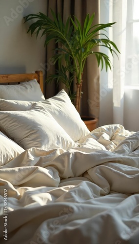 A relaxed scene of a comfortable bed with pillows and sheets, suggesting rest and tranquility Ideal for themes of relaxation, comfort, sleep, and domesticity , evening, wellbeing