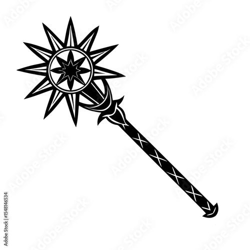 Vector illustration of a sunburst mace weapon for fantasy games and rpgs black and white clip art