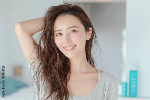 笑顔の若い女性のライフスタイル。美容イメージ。ヘアケア製品の広告に最適な素材