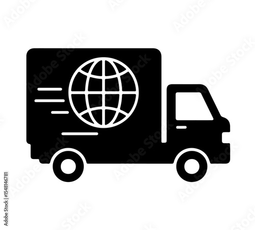 Black Global Delivery Truck Icon. A bold black and white icon of a delivery truck with a globe symbol on its side, and motion lines, representing international shipping and worldwide logistics.