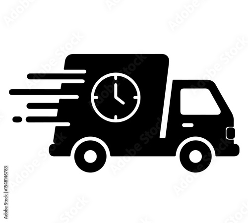 Black Fast Delivery Truck with Clock Icon. A bold black icon of a delivery truck in motion, featuring a prominent clock symbol on its side. It universally represents fast shipping, quick delivery.