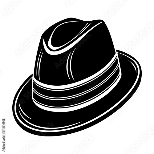 Classic fedora hat illustration in black and white, Black and white drawing of a vintage fedora hat with a wide brim and creased crown, symbolizing fashion and timeless style.