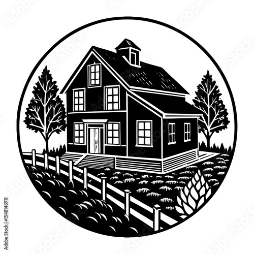 Cozy countryside house illustration with trees and fence, Black and white artwork of a charming house surrounded by trees, shrubs, and a picket fence, symbolizing rural living and homestead serenity.
