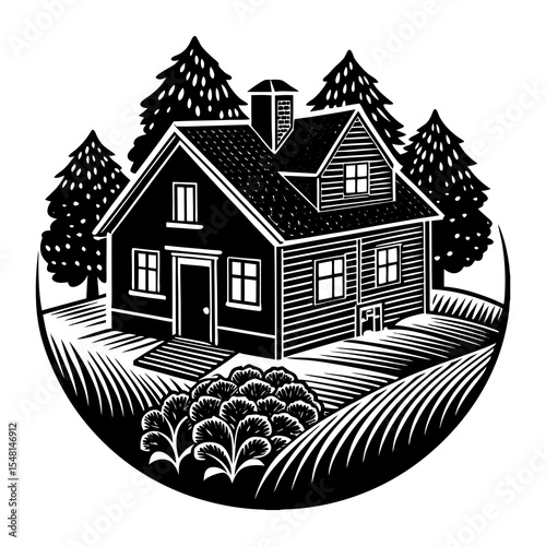 Cozy countryside house illustration with trees and fence, Black and white artwork of a charming house surrounded by trees, shrubs, and a picket fence, symbolizing rural living and homestead serenity.
