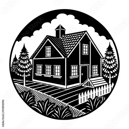 Cozy countryside house illustration with trees and fence, Black and white artwork of a charming house surrounded by trees, shrubs, and a picket fence, symbolizing rural living and homestead serenity.

