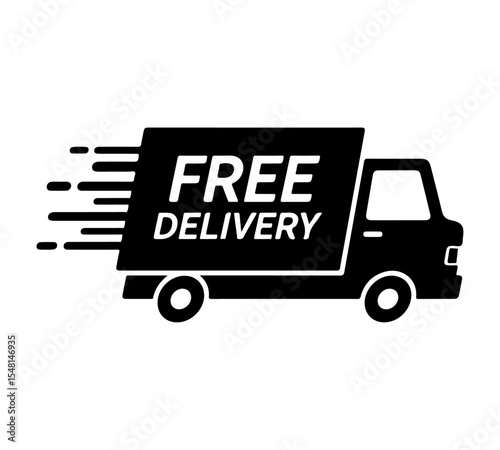 A bold black and white icon depicting a delivery truck with motion lines, signifying fast service. Black "Free Delivery" Fast Shipping Truck Icon. making it ideal for e-commerce and logistics.