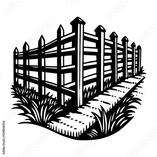 Pointed picket fence illustration in black and white, Pointed picket fence illustration in black and white
