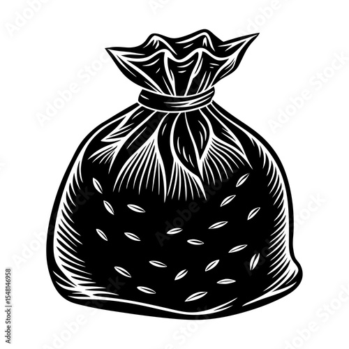 Vintage sack illustration with tied top design, Black and white drawing of a closed sack or bag with a tied opening, symbolizing storage, goods, or old-fashioned packaging.
