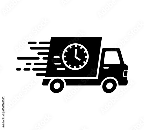 Black Fast Delivery Truck with Clock Icon. A bold black icon of a delivery truck in motion, featuring a prominent clock symbol on its side. It universally represents fast shipping, quick delivery.