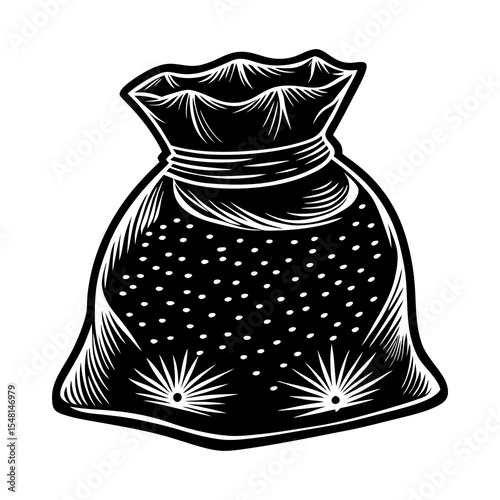 Vintage sack illustration with tied top design, Black and white drawing of a closed sack or bag with a tied opening, symbolizing storage, goods, or old-fashioned packaging.
