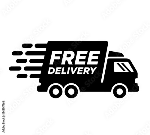 A bold black and white icon depicting a delivery truck with motion lines, signifying fast service. Black "Free Delivery" Fast Shipping Truck Icon. making it ideal for e-commerce and logistics.