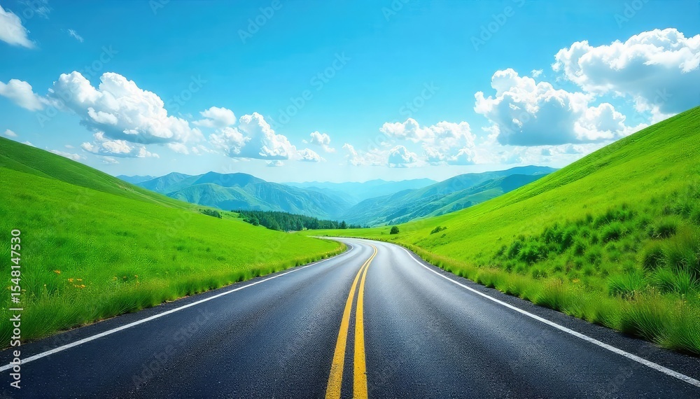 Naklejka premium A winding asphalt road disappears into the distance, flanked by lush green hills under a vibrant blue sky Perfect for travel, adventure, and journey themed projects , sunshine, scenery