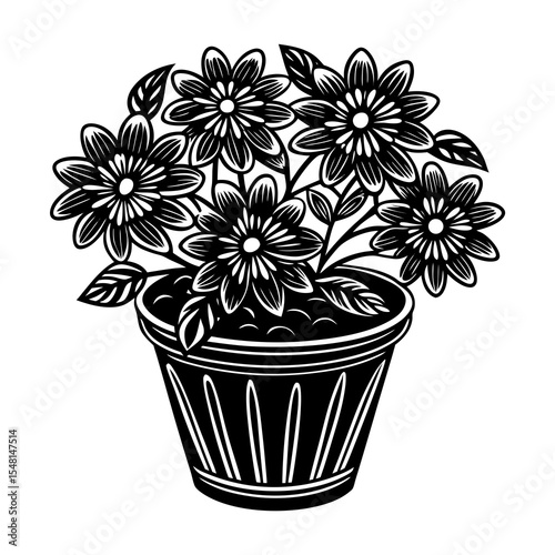 Black and white flower pot vector design illustration of floral plant in pot for decoration and art projects