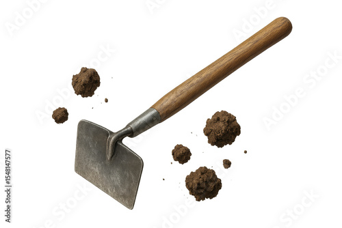 Gardening hoe tool and soil on a transparent background, isolated object