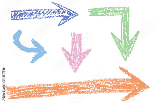 Colorful hand drawn arrows with chalk and wax crayon texture. A playful set of sketchy directional symbols. Rough lines and bold shapes
