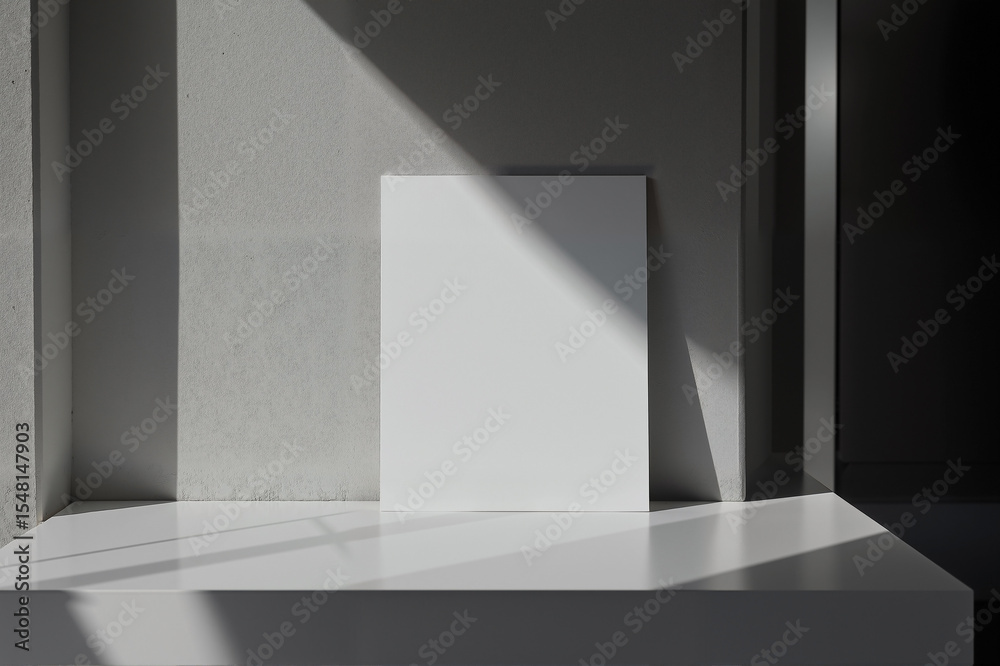 Fototapeta premium Pristine A4 White Paper on Minimalist White Desk in Soft Summer Light, Ideal for Copy Space in a Clean, Contemporary High School Setting