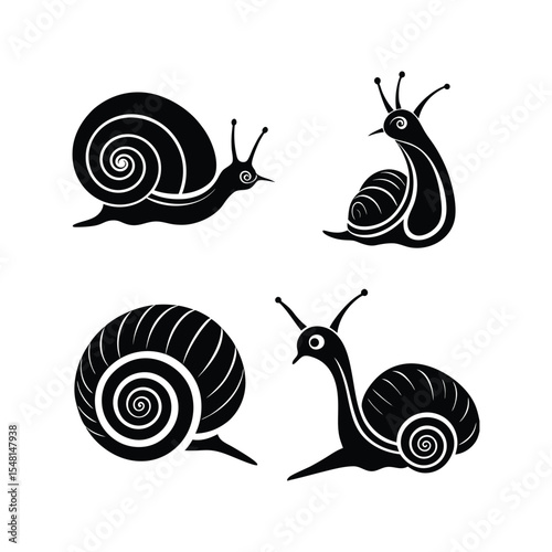 A cute, funny cartoon snail with a spiral shell smiles on a white background, a slow garden mollusk illustration