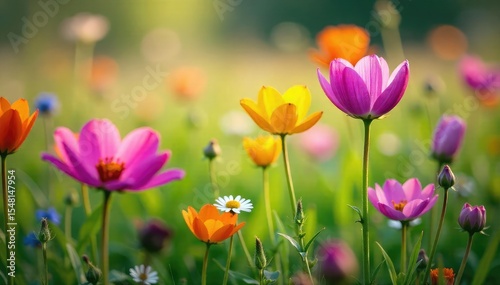Close-up of vibrant, diverse wildflowers blooming in a lush meadow, illustrating the beauty and complexity of organic evolution in nature , evolution, genetic diversity