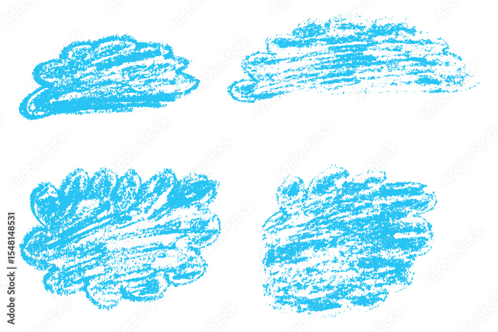 Blue hand drawn clouds with chalk and wax crayon texture. A playful set of sketchy shape. Rough lines and bold shapes