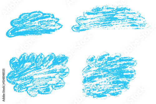 Blue hand drawn clouds with chalk and wax crayon texture. A playful set of sketchy shape. Rough lines and bold shapes