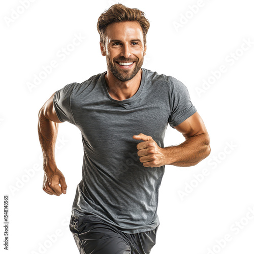 fitness athlete runner man running, happy smiling jogging, isolated on transparent background, Energetic portrait for fitness, health, lifestyle themes.