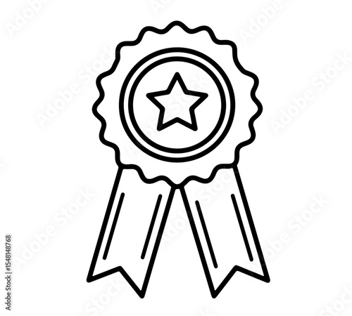  A clean black outline icon of an award rosette featuring a prominent star at its center and two hanging ribbons. It symbolizes achievement, quality, excellence,