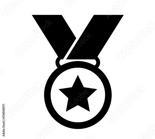 Black Star Medal with Ribbon Icon. A bold black and white icon depicting a medal with a star at its center, suspended from a V-shaped ribbon. It symbolizes achievement, excellence, and winning.