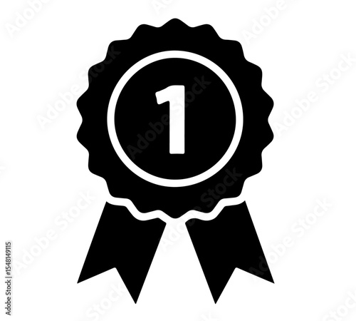 Black First Place Award Ribbon Rosette Icon. icon depicting an award rosette with the number "1" at its center and two hanging ribbons, signifying first place and excellence.